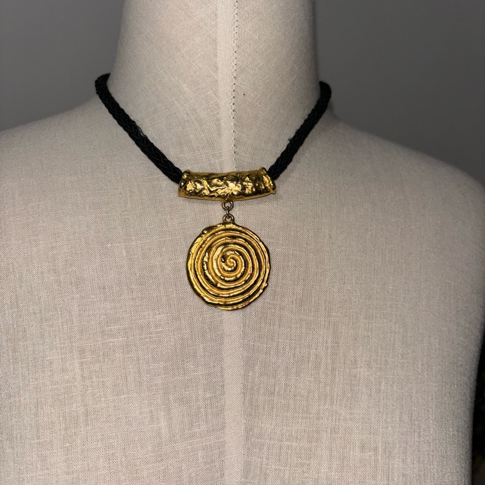 Vintage Black Cord & gold pendant Necklace